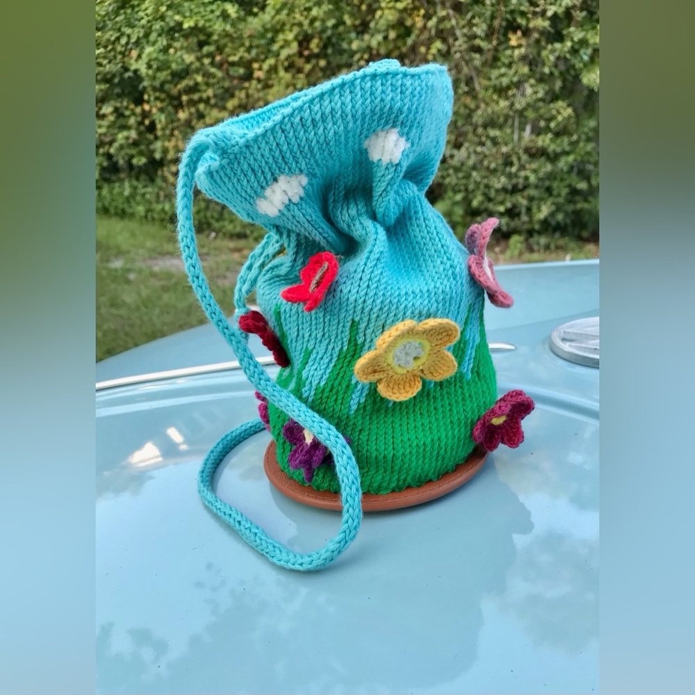 Handmade Knit & Crochet Nice Day Round Small Floral Butterfly Crossbody Bag - Picture 4 of 16